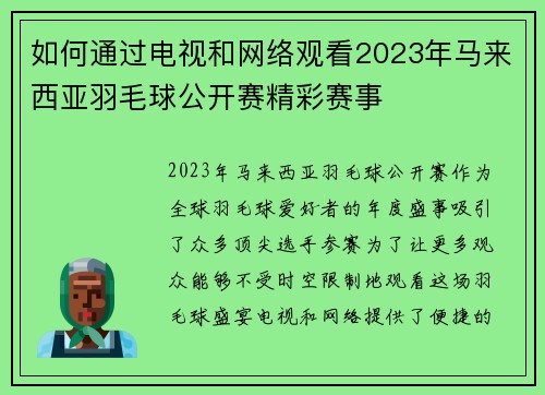 如何通过电视和网络观看2023年马来西亚羽毛球公开赛精彩赛事