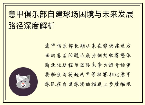 意甲俱乐部自建球场困境与未来发展路径深度解析